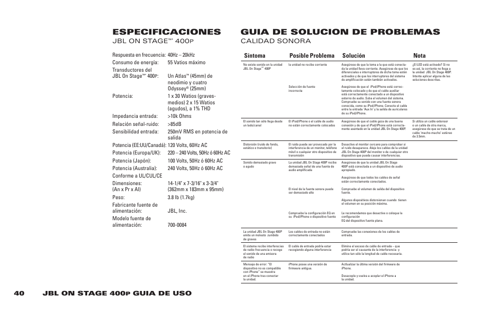 Especificaciones guia de solucion de problemas | JBL 400P User Manual | Page 40 / 116