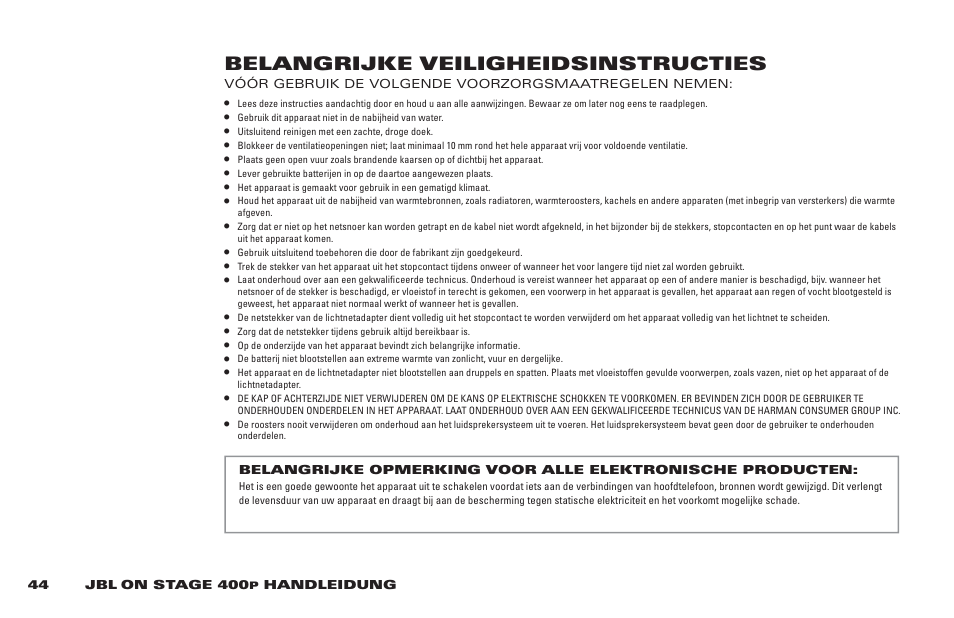 Belangrijke veiligheidsinstructies | JBL 400P User Manual | Page 44 / 116