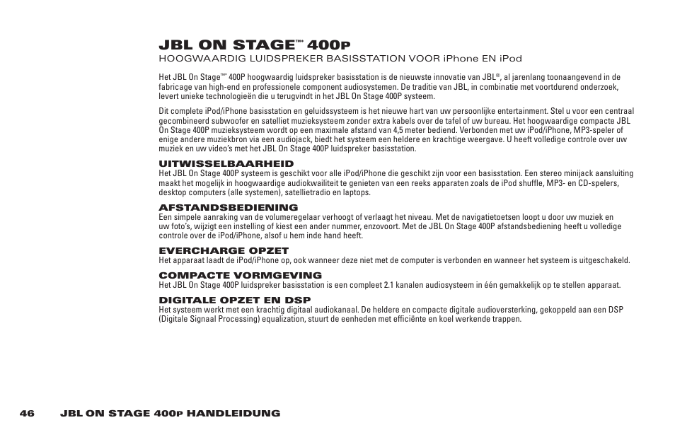 Jbl on stage | JBL 400P User Manual | Page 46 / 116