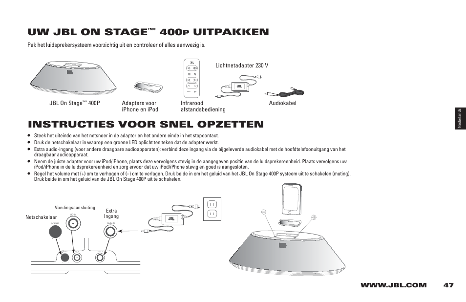 Uw jbl on stage, Uitpakken, Instructies voor snel opzetten | JBL 400P User Manual | Page 47 / 116