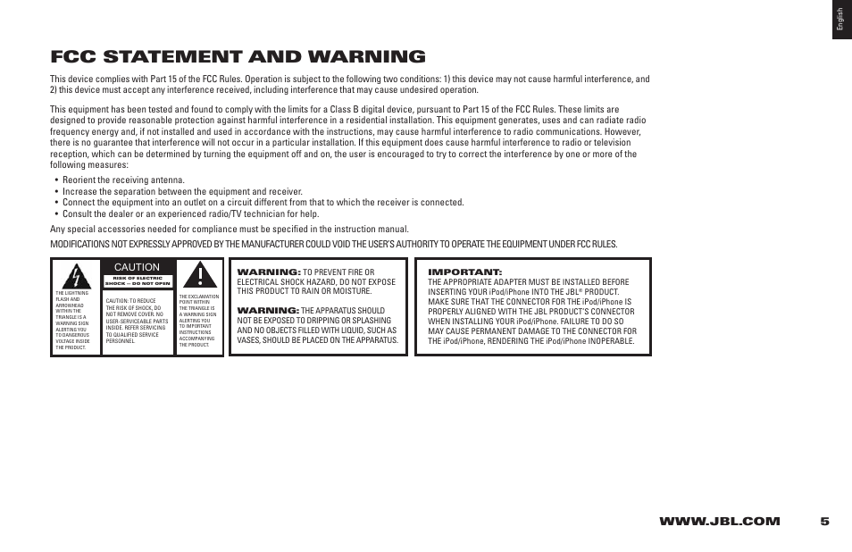 Fcc statement and warning | JBL 400P User Manual | Page 5 / 116