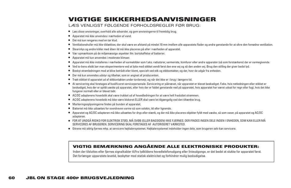 Vigtige sikkerhedsanvisninger | JBL 400P User Manual | Page 60 / 116