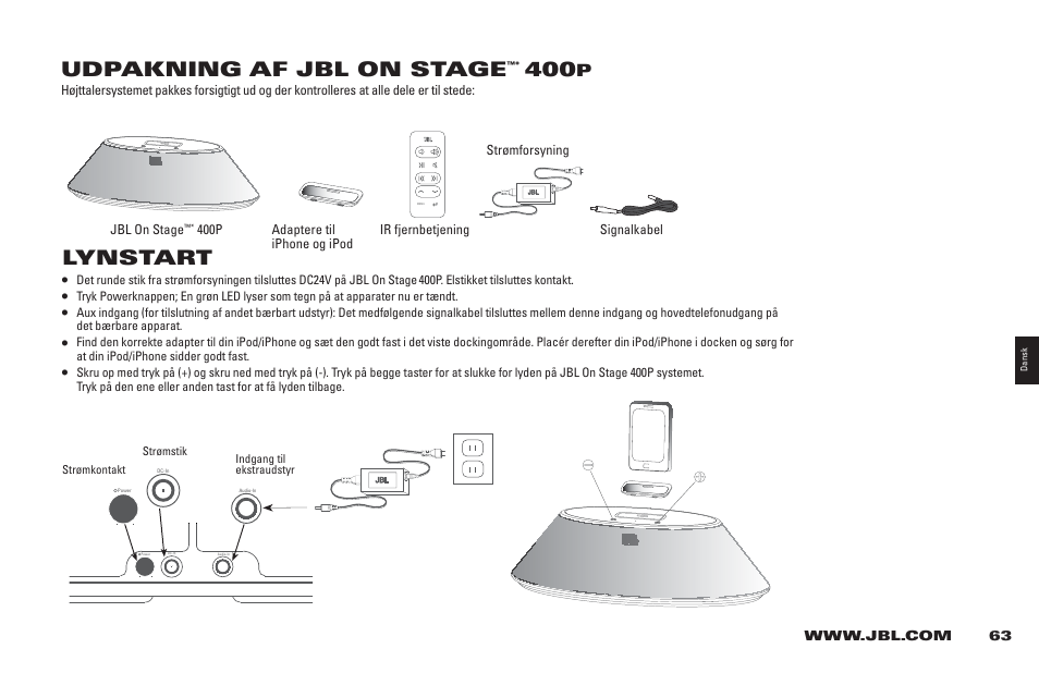 Udpakning af jbl on stage, Lynstart | JBL 400P User Manual | Page 63 / 116