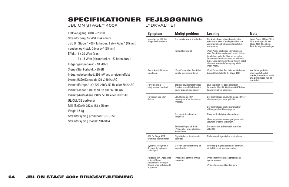 Specifikationer fejlsøgning | JBL 400P User Manual | Page 64 / 116