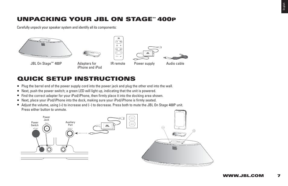 Unpacking your jbl on stage, Quick setup instructions | JBL 400P User Manual | Page 7 / 116