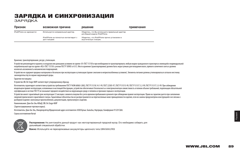 Зарядка и синхронизация | JBL 400P User Manual | Page 89 / 116