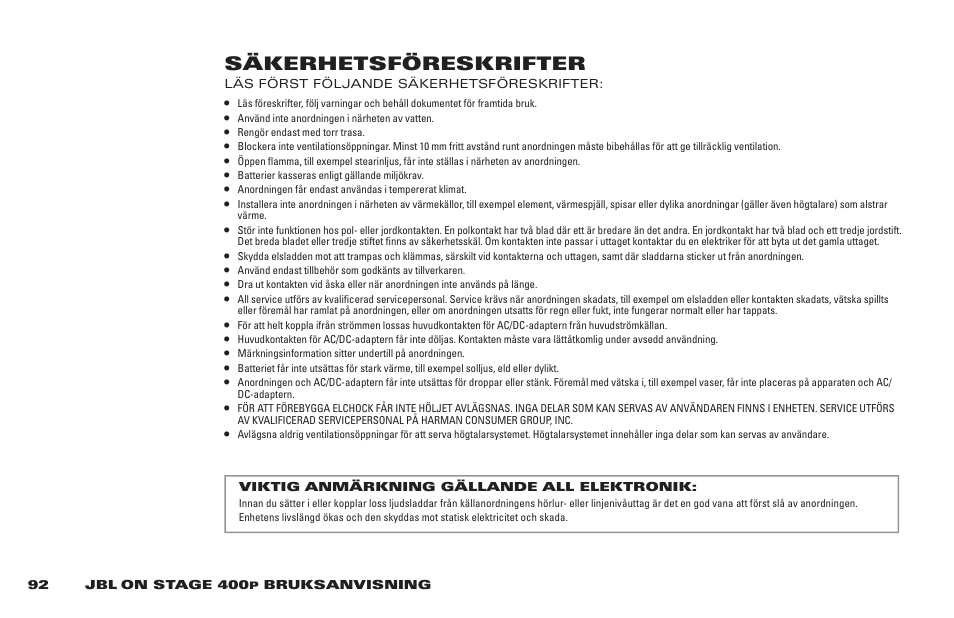 Säkerhetsföreskrifter | JBL 400P User Manual | Page 92 / 116