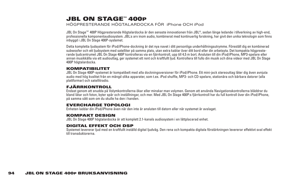 Jbl on stage | JBL 400P User Manual | Page 94 / 116