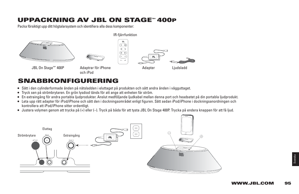 Uppackning av jbl on stage, Snabbkonfigurering | JBL 400P User Manual | Page 95 / 116