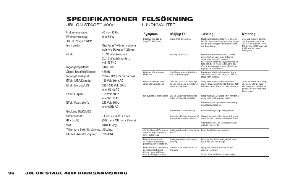 Specifikationer felsökning | JBL 400P User Manual | Page 96 / 116