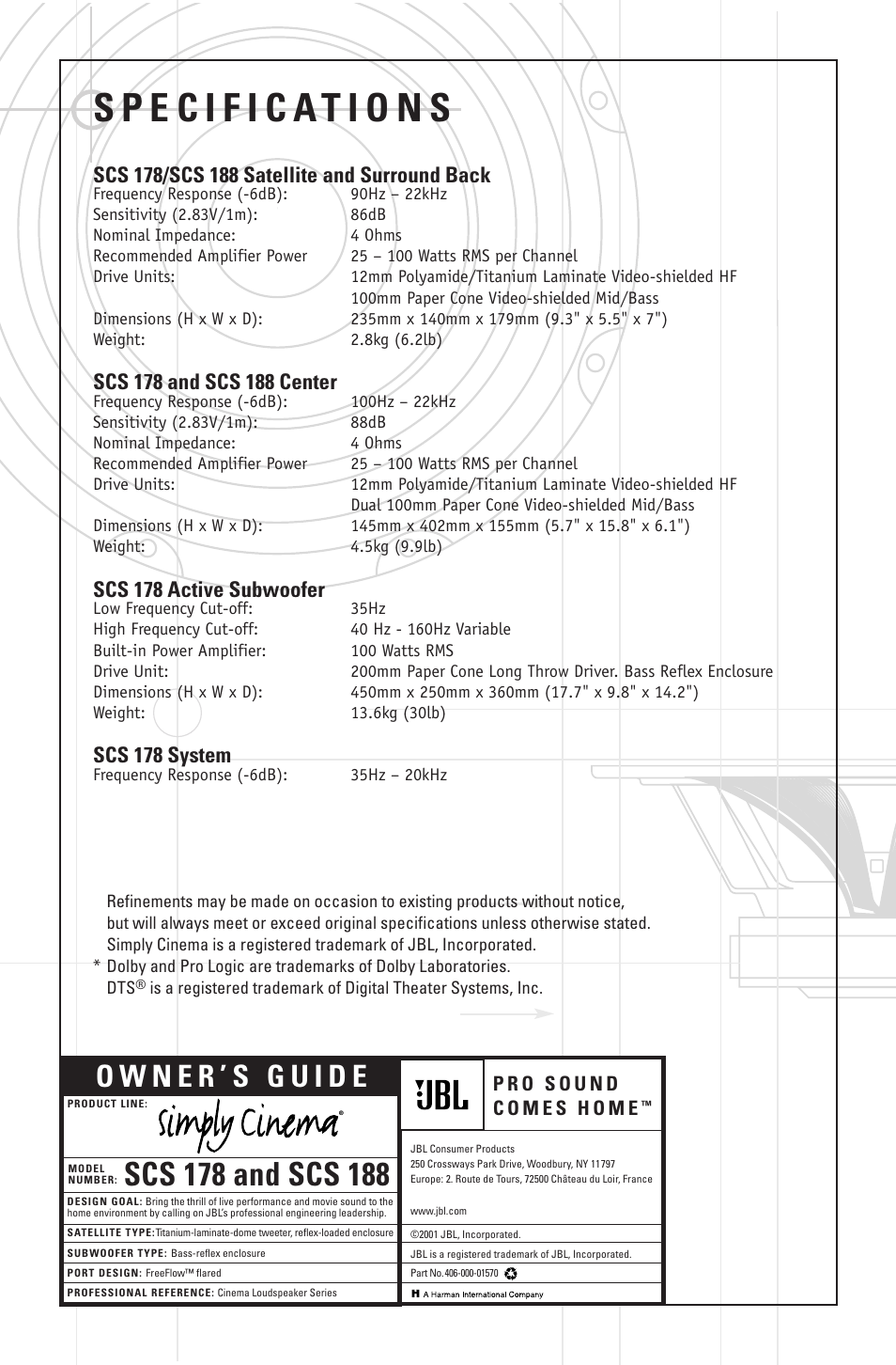 Scs 178 active subwoofer, Scs 178 system | JBL SCS 188 User Manual | Page 10 / 10