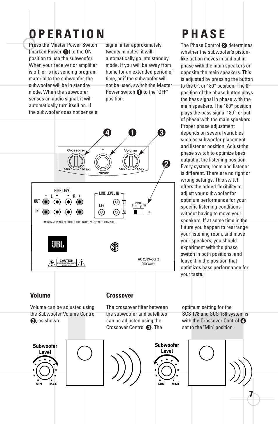 Volume, Crossover | JBL SCS 188 User Manual | Page 7 / 10