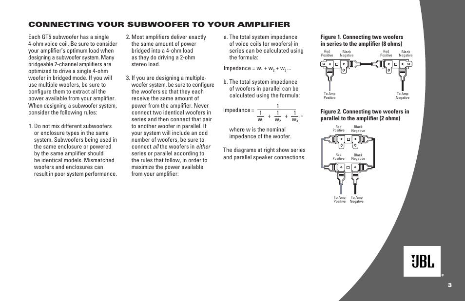 Connecting your subwoofer to your amplifier | JBL GT5-12 User Manual | Page 3 / 4