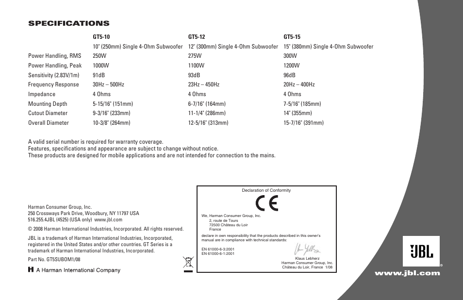 JBL GT5-12 User Manual | Page 4 / 4