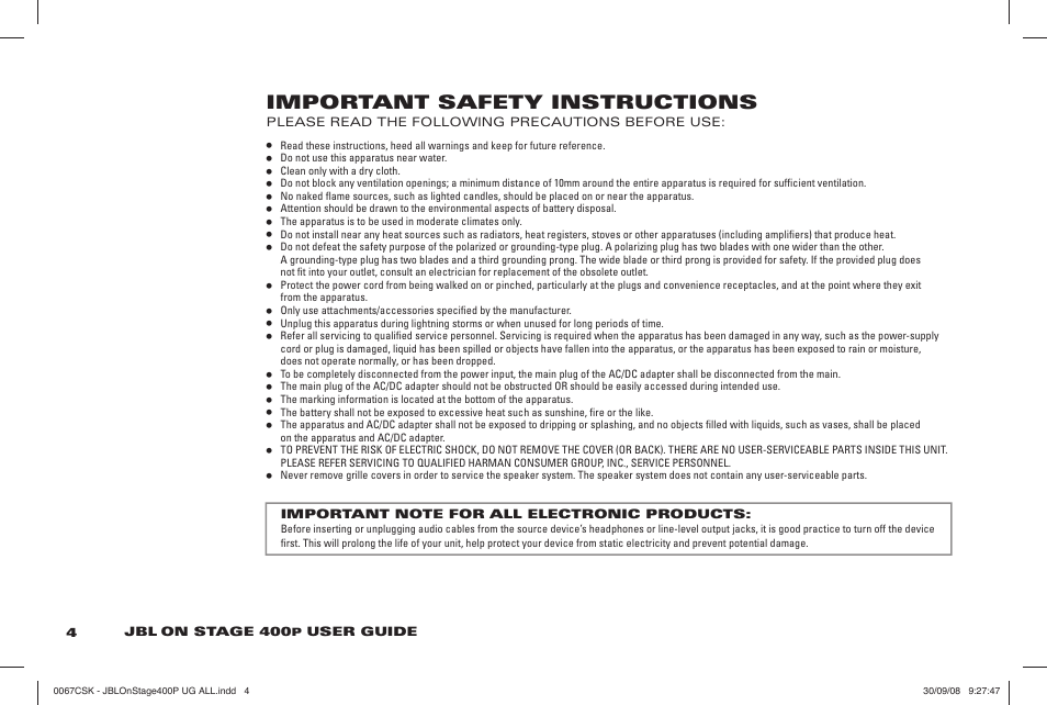 Important safety instructions | JBL ON STAGE 400P User Manual | Page 2 / 8