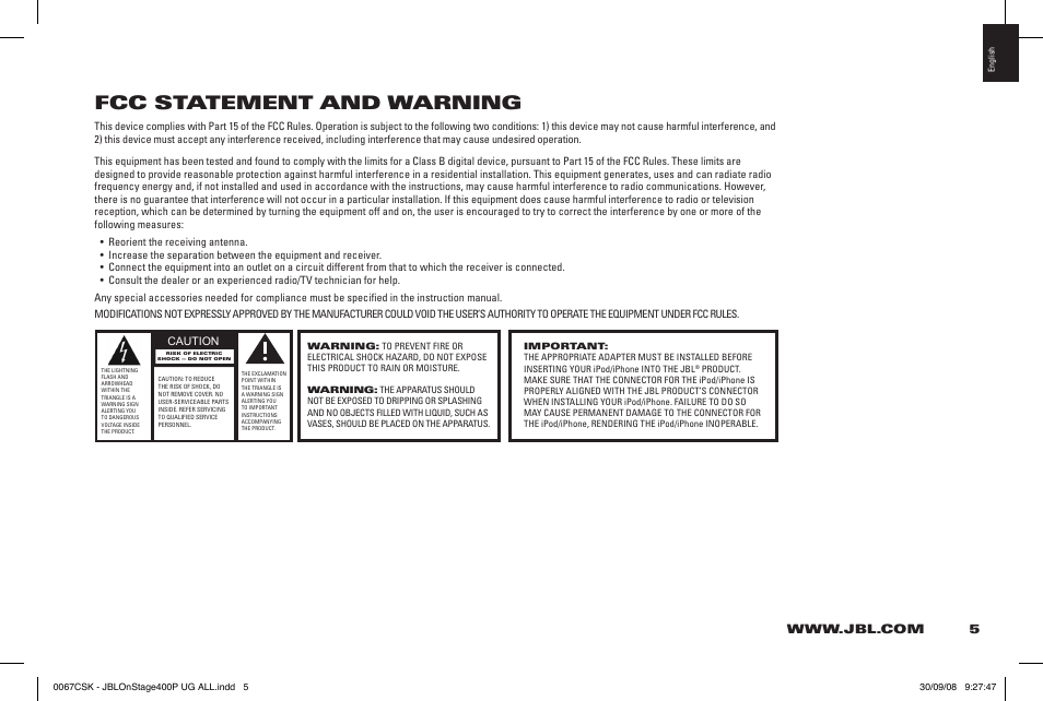 Fcc statement and warning | JBL ON STAGE 400P User Manual | Page 3 / 8