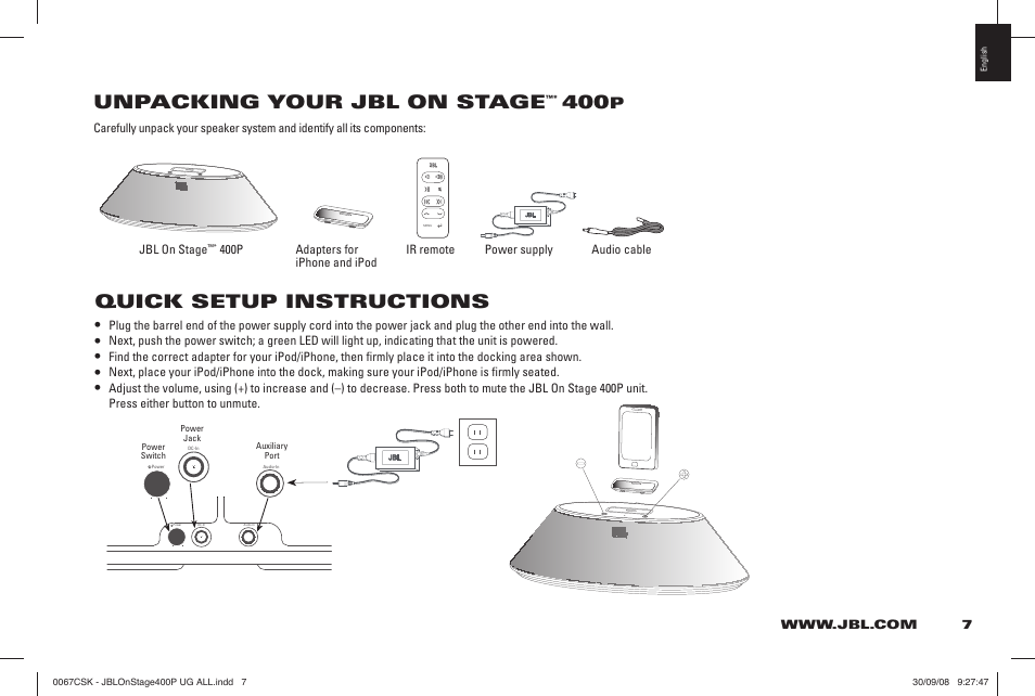 Unpacking your jbl on stage, Quick setup instructions | JBL ON STAGE 400P User Manual | Page 5 / 8