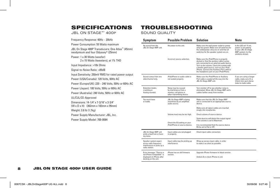 Specifications troubleshooting | JBL ON STAGE 400P User Manual | Page 6 / 8