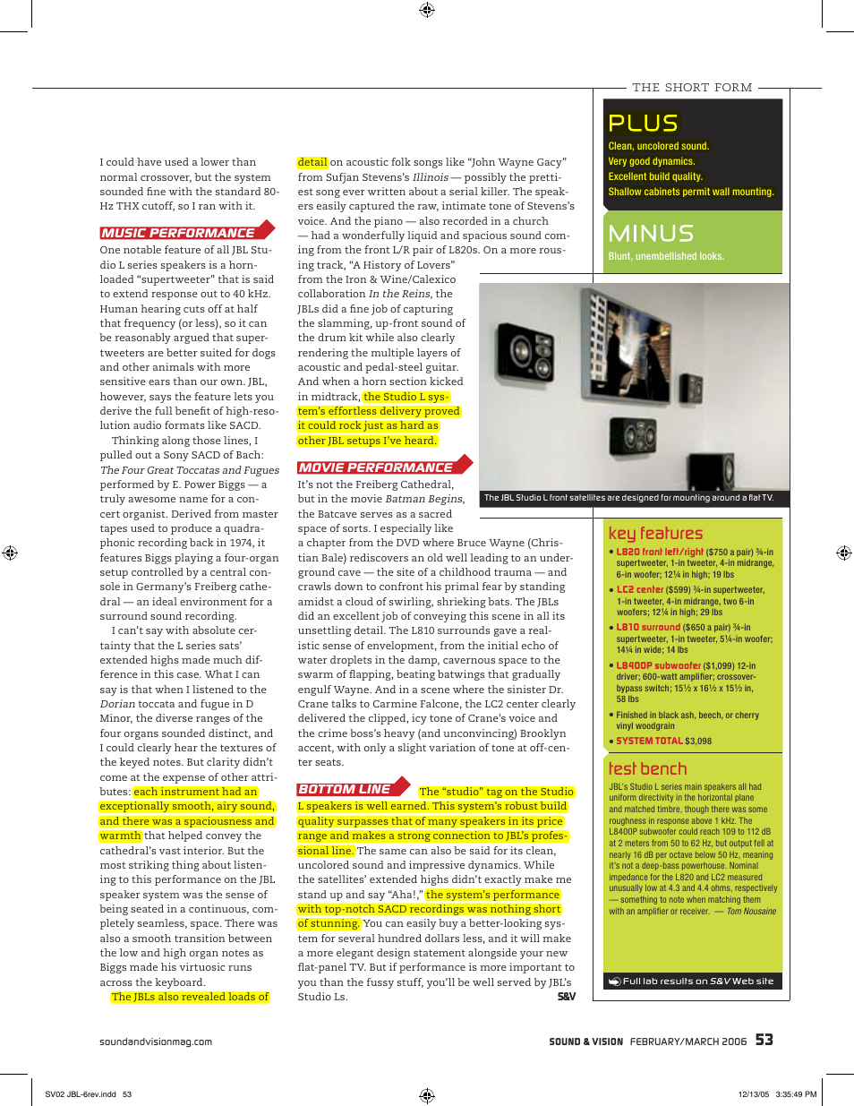 P l u s, Key features, Test bench | The short form, Music performance movie performance bottom line | JBL L810 User Manual | Page 2 / 2
