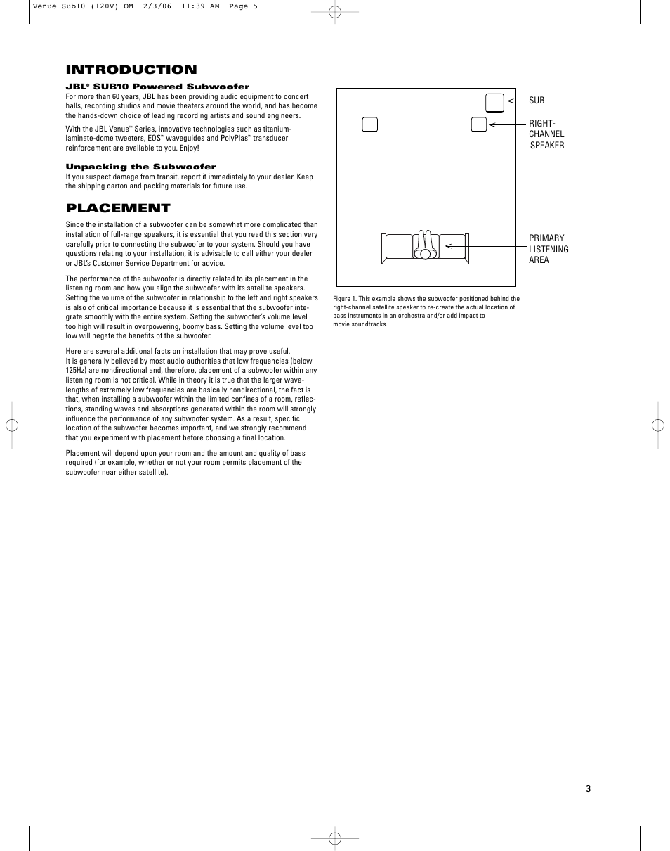 Placement, Introduction | JBL SUB10 User Manual | Page 3 / 8