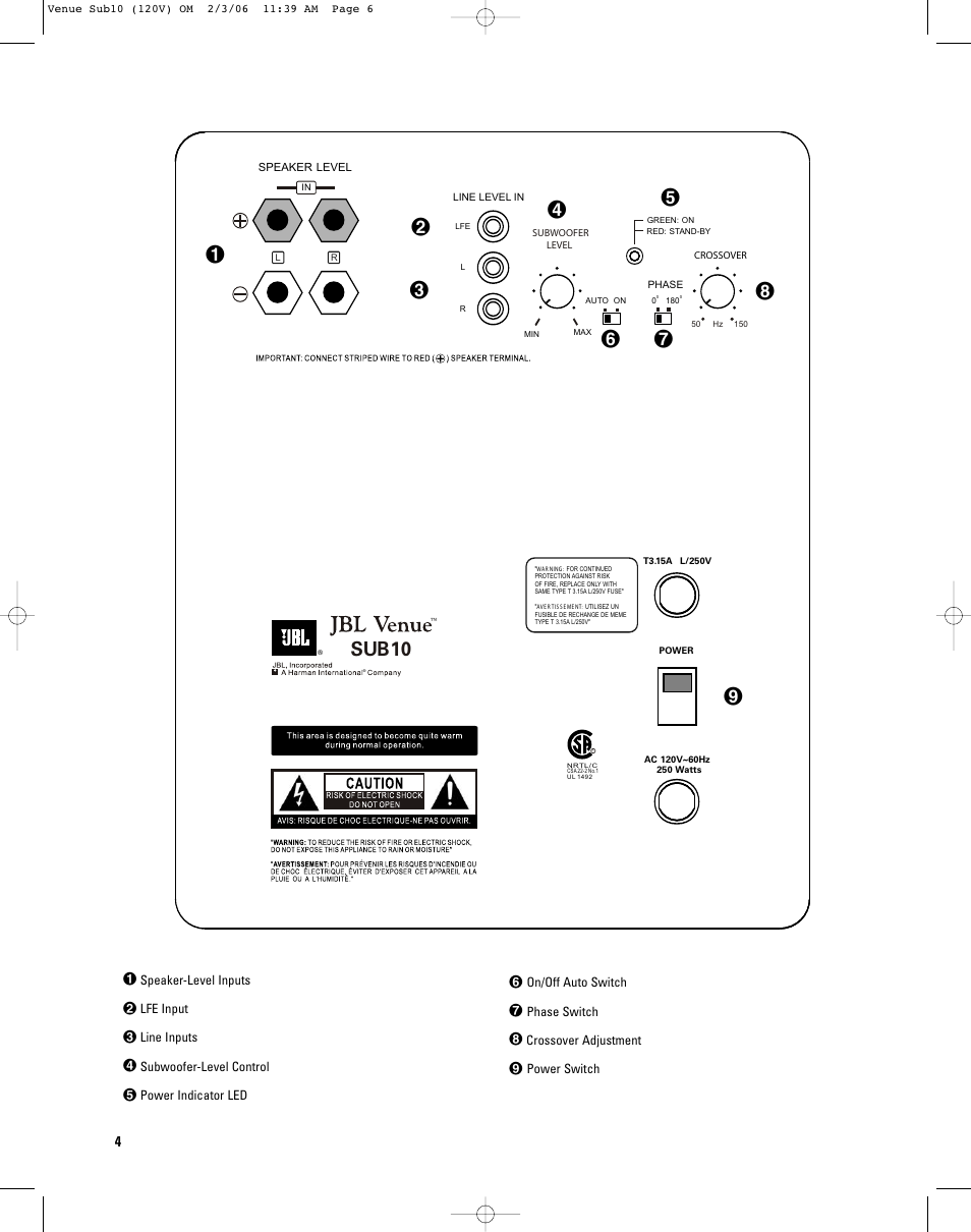 Sub10, Ca u t io n | JBL SUB10 User Manual | Page 4 / 8