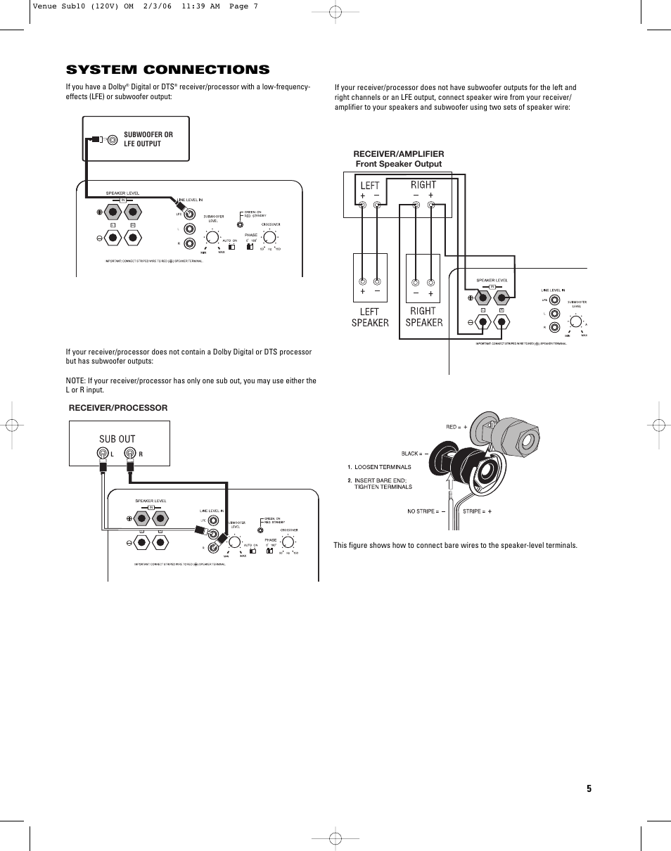 System connections, If you have a dolby, Digital or dts | Subwoofer or lfe output, Sub10 | JBL SUB10 User Manual | Page 5 / 8