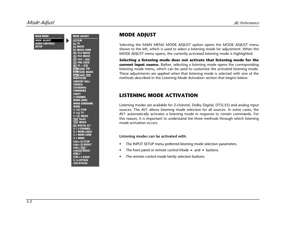 Mode adjust -2 listening mode activation -2, Mode adjust, Listening mode activation | JBL AV1 User Manual | Page 100 / 160