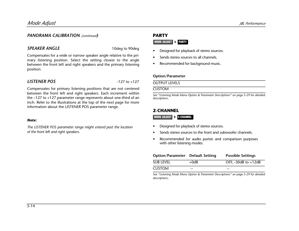 Mode adjust | JBL AV1 User Manual | Page 112 / 160