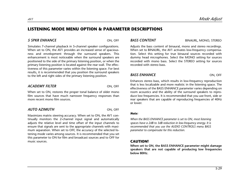 Mode adjust | JBL AV1 User Manual | Page 127 / 160