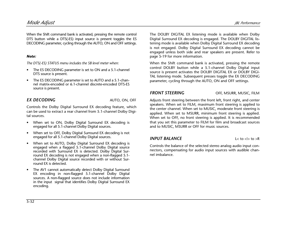 Mode adjust | JBL AV1 User Manual | Page 130 / 160