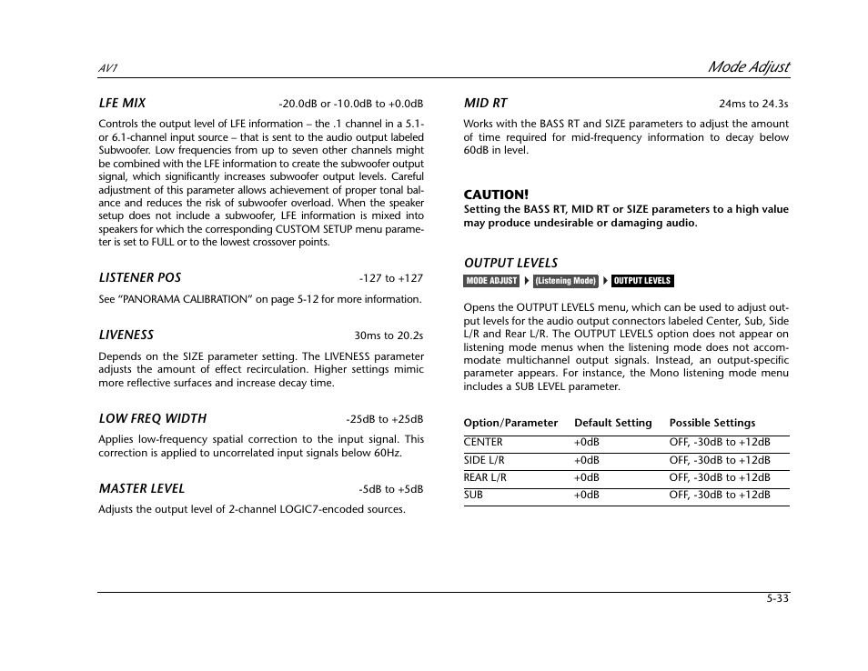 Mode adjust | JBL AV1 User Manual | Page 131 / 160