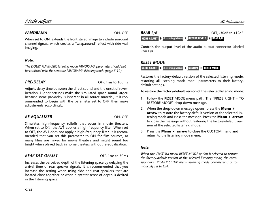 Mode adjust | JBL AV1 User Manual | Page 132 / 160