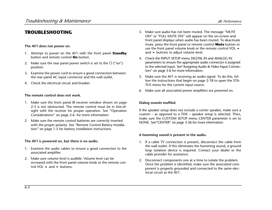 Troubleshooting -2, Troubleshooting & maintenance, Troubleshooting | JBL AV1 User Manual | Page 136 / 160