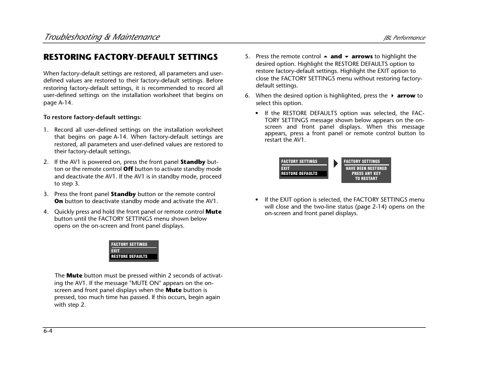 Restoring factory-default settings -4, Troubleshooting & maintenance, Restoring factory-default settings | JBL AV1 User Manual | Page 138 / 160