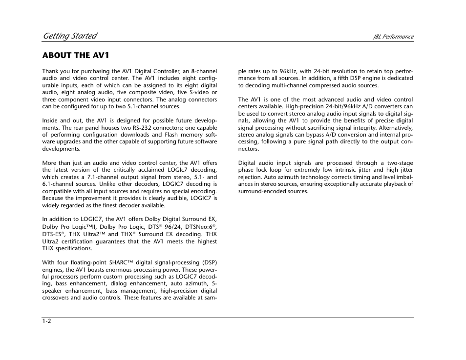 About the av1 -2, Getting started, About the av1 | JBL AV1 User Manual | Page 14 / 160