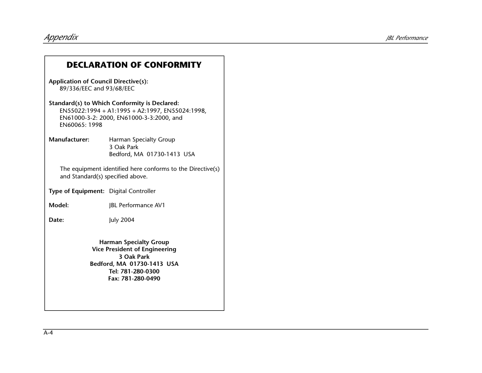 Appendix, Declaration of conformity | JBL AV1 User Manual | Page 142 / 160