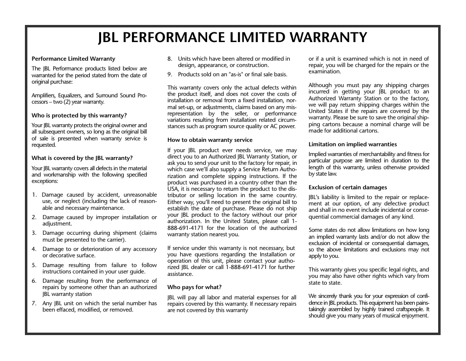 Warranty, 1-1, Jbl performance limited warranty | JBL AV1 User Manual | Page 159 / 160