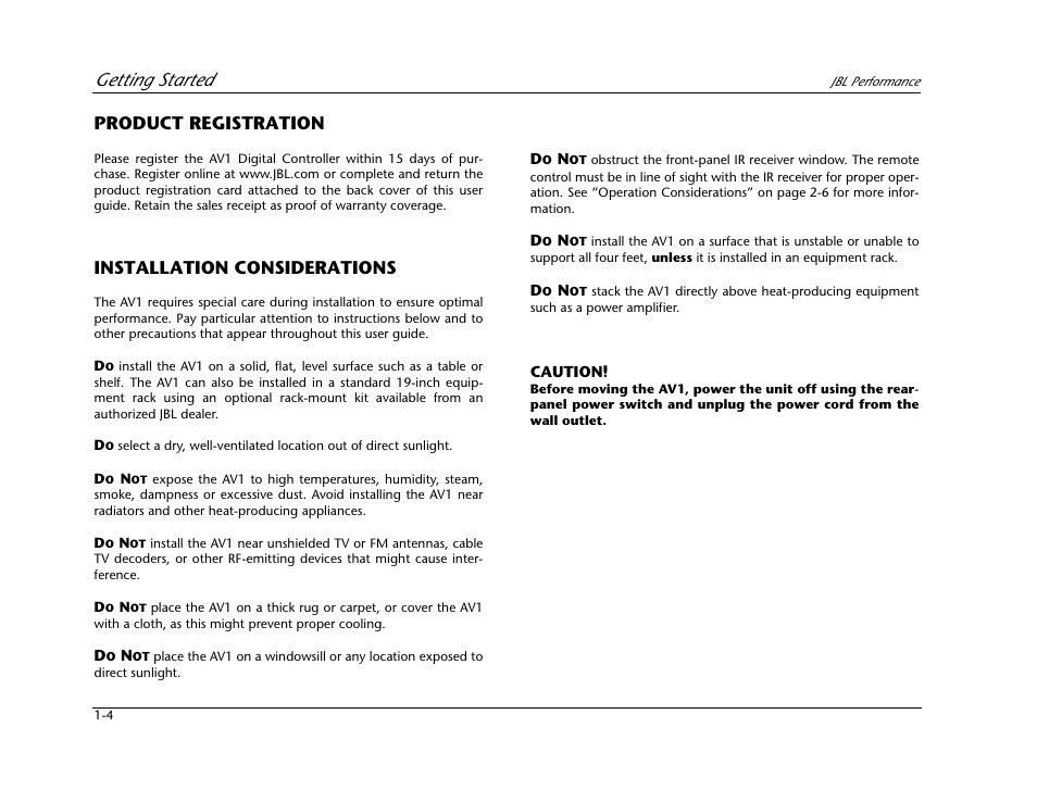 Getting started, Product registration, Installation considerations | JBL AV1 User Manual | Page 16 / 160