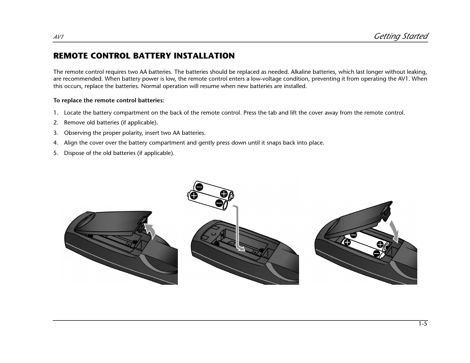 Remote control battery installation -5, Getting started, Remote control battery installation | JBL AV1 User Manual | Page 17 / 160