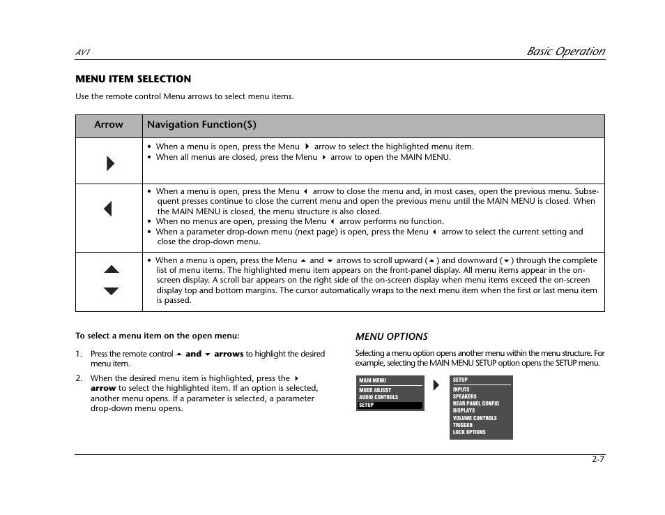 Menu item selection -7, Basic operation | JBL AV1 User Manual | Page 25 / 160