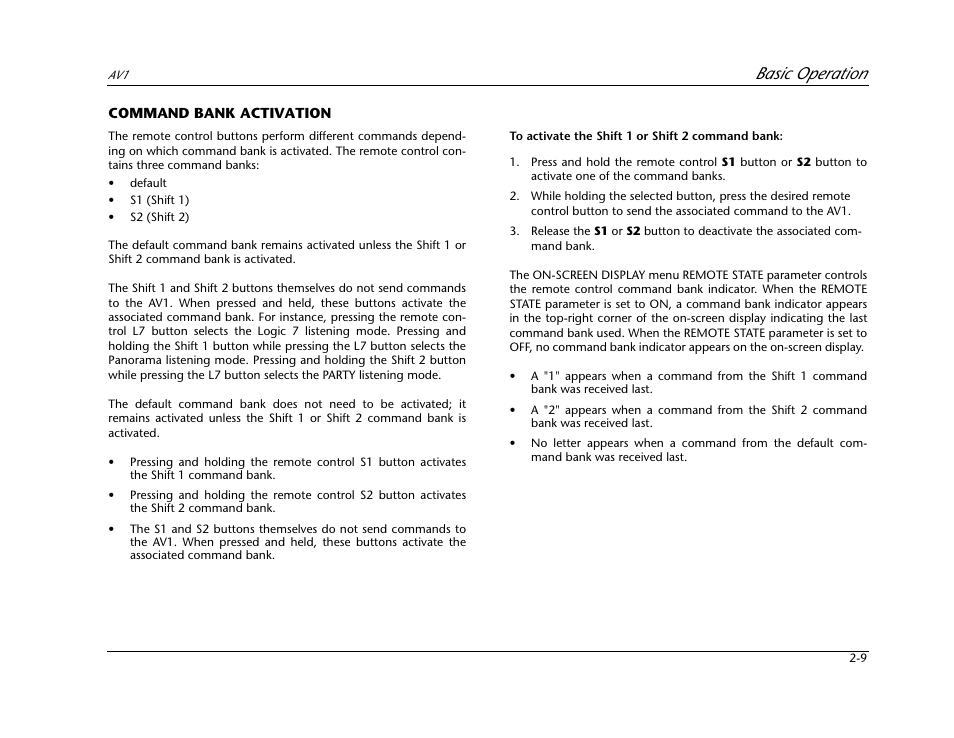 Command bank activation -9, Basic operation | JBL AV1 User Manual | Page 27 / 160