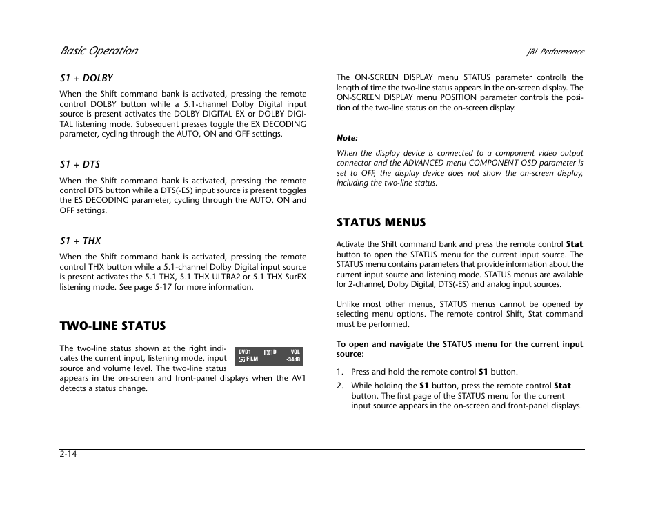 Two-line status -14 status menus -14, Basic operation, Two-line status | Status menus | JBL AV1 User Manual | Page 32 / 160