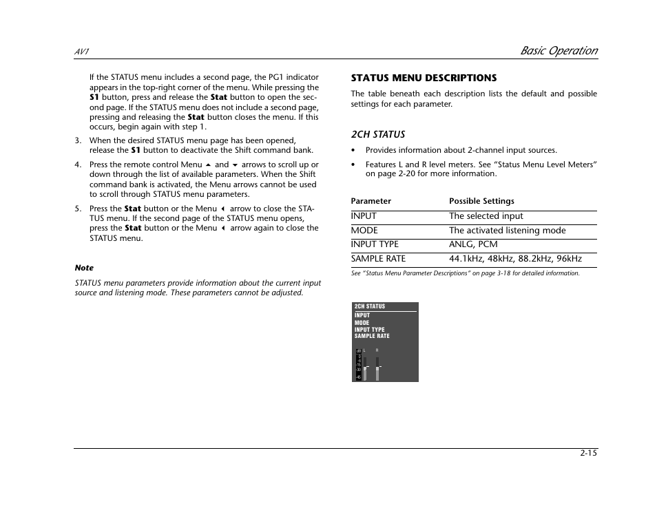 Status menu descriptions -15, Basic operation, Status menu descriptions | 2ch status | JBL AV1 User Manual | Page 33 / 160