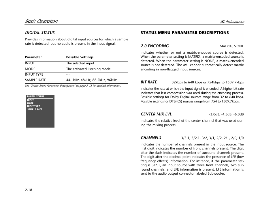 Status menu parameter descriptions -18, For deta, Basic operation | JBL AV1 User Manual | Page 36 / 160