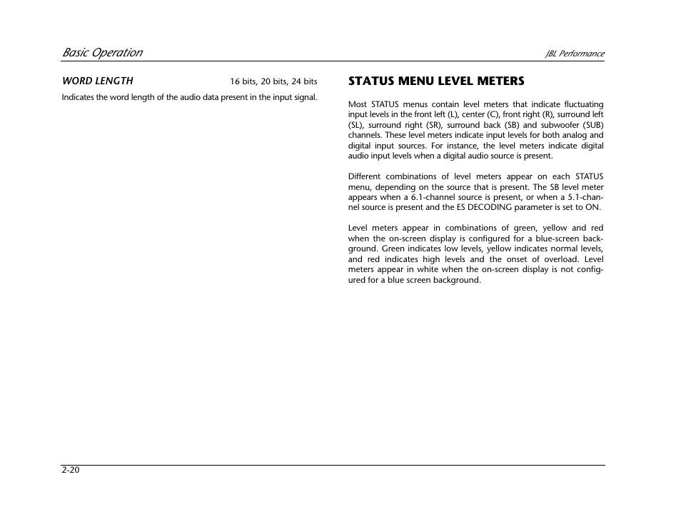 Status menu level meters -20, Basic operation, Status menu level meters | JBL AV1 User Manual | Page 38 / 160