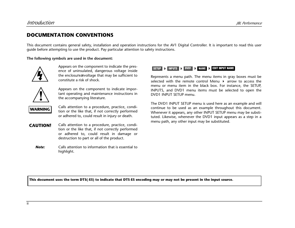 Introduction, Documentation conventions | JBL AV1 User Manual | Page 4 / 160