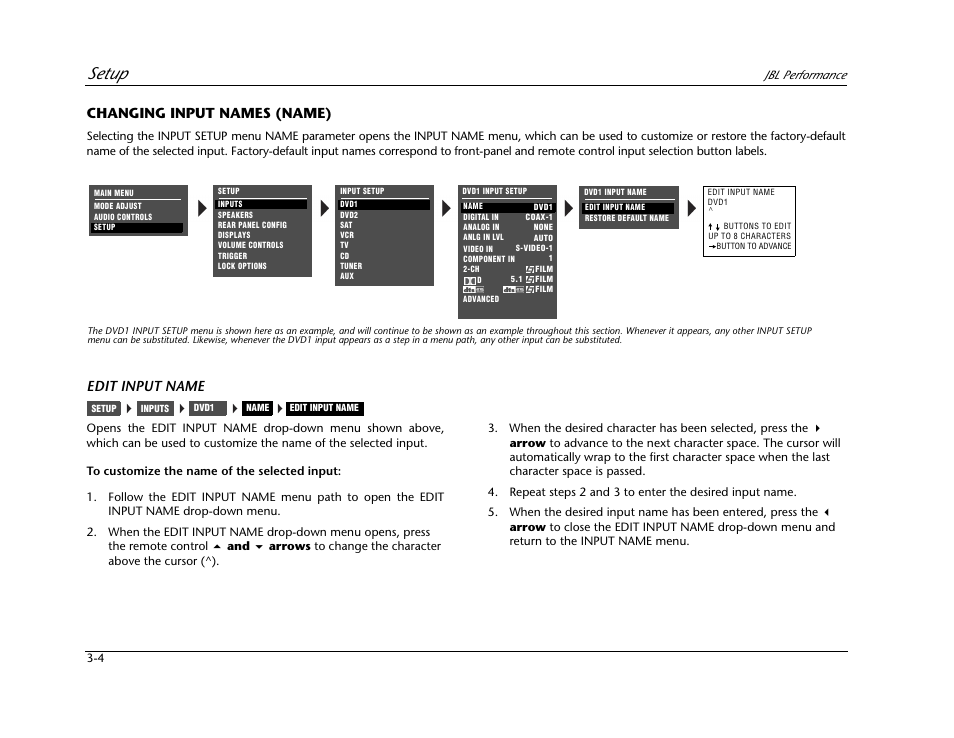 Changing input names (name) -4, Setup, Changing input names (name) | Edit input name | JBL AV1 User Manual | Page 42 / 160