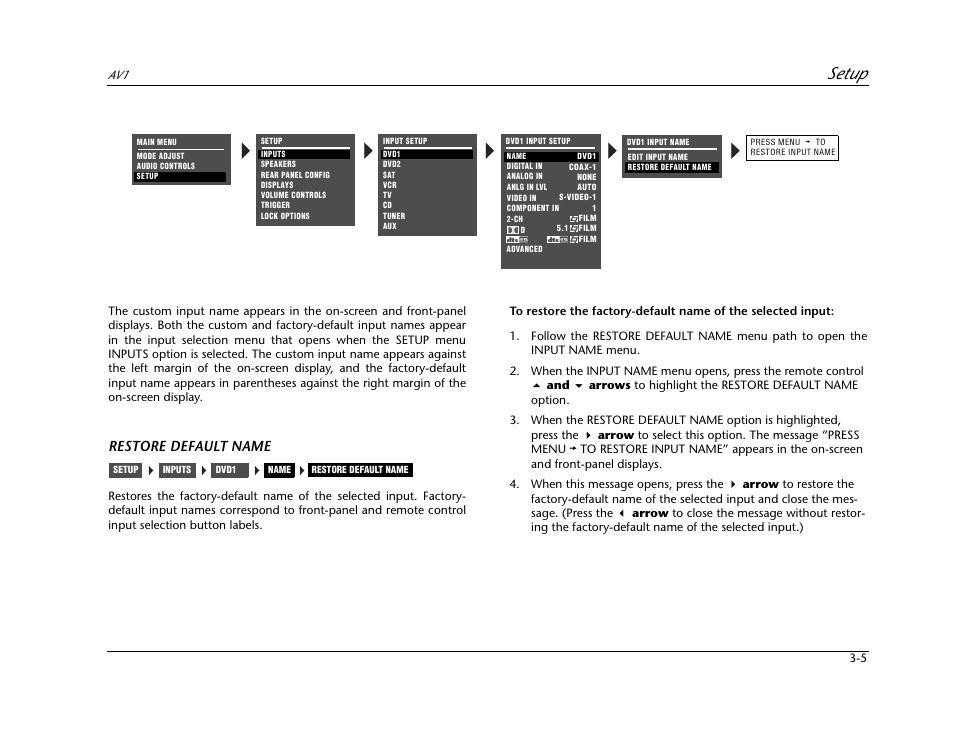 Setup, Restore default name | JBL AV1 User Manual | Page 43 / 160