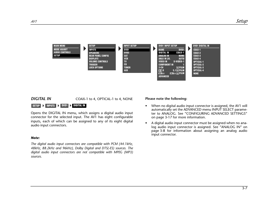 Setup, Digital in | JBL AV1 User Manual | Page 45 / 160