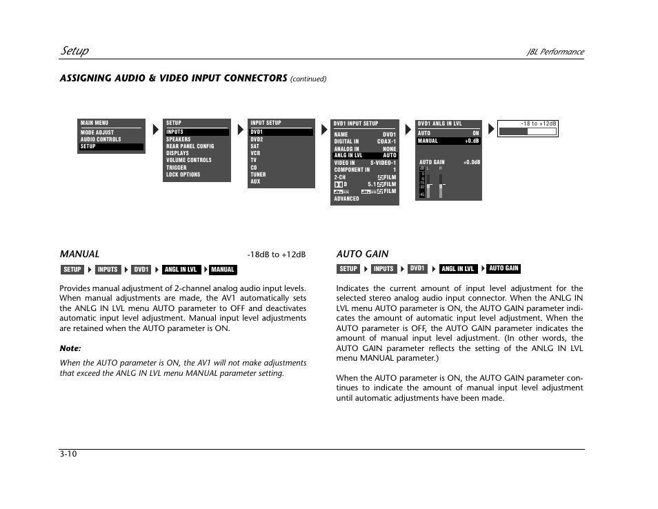 Setup, Assigning audio & video input connectors, Manual | Auto gain | JBL AV1 User Manual | Page 48 / 160